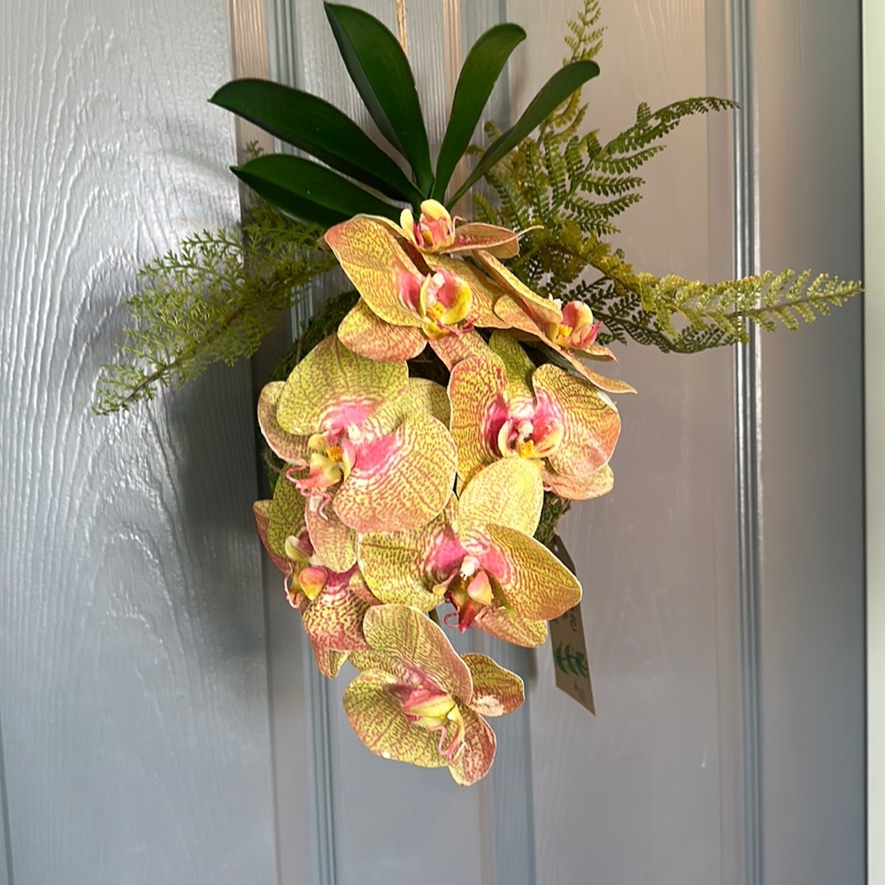 NWT Hanging Kokedama (moss ball) with Faux Orchid & Ferns 15x18”